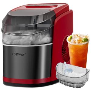 Máquina de Gelo até 12 kg em 24H Portátil com Colher e Cesta de Gelo, 110V, COSTWAY, Vermelha