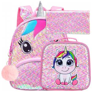Mochila Escolar Infantil 30cm AGSDON Unicórnio 3 Peças com Lancheira, Rosa