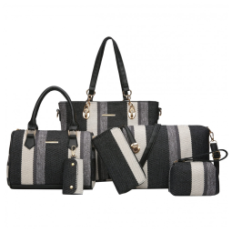 Conjunto de Bolsas Femininas 6 Peças com Carteira, 2E youth, Preto Listrado