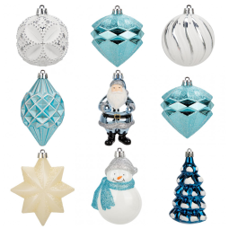 Conjunto de 9 Enfeites de Natal Azul e Branco para Árvore de Natal, Bolas de Decoração de Boneco de Neve, Papai Noel e Estrela de Belém