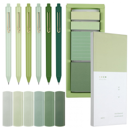 Conjunto de papelaria estética verde Resurhang com post-its, 6 fitas corretivas, 6 canetas 0,5 mm e marcadores de página