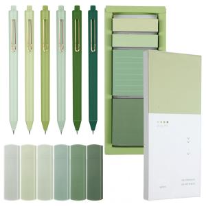 Conjunto de papelaria estética verde Resurhang com post-its, 6 fitas corretivas, 6 canetas 0,5 mm e marcadores de página