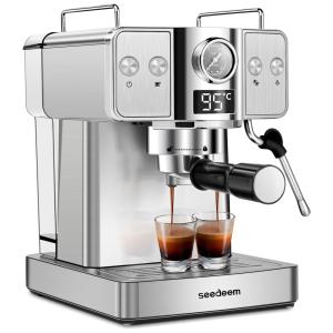 Máquina de Café Expresso de Alta Pressão 20 bar com Bocal de Leite e Tanque de Água Removível de 1,8L, 110V 1000W, SEEDEEM, Prata