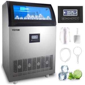 Máquina de Gelo Profissional 90 kg em 24H Inclui Mangueira e Filtro de Água, 110V 710W, Vevor SKF E120, Prata