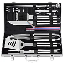 Kit Churrasco 25 Peças Aço Inoxidável com Escova de Limpeza e Estojo - Acessórios ROMANTICIST, Prateado