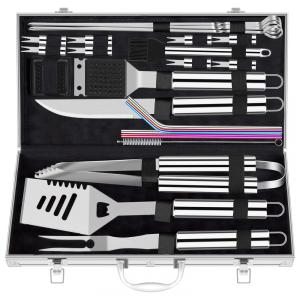 Kit Churrasco na Grelha 25 Peças de Aço Inoxidável e Escova de Limpeza com Estojo de zenamento, ROMANTICIST grill accessories, Prateado