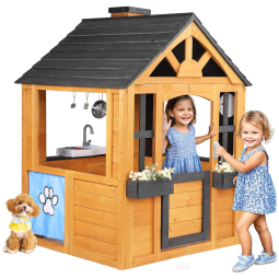 Casa de Brincar para Crianças ao Ar Livre - Feita de Cedro com Cozinha, Porta para Pets, Pia, Fogão e Janelas - Ideal para Diversão