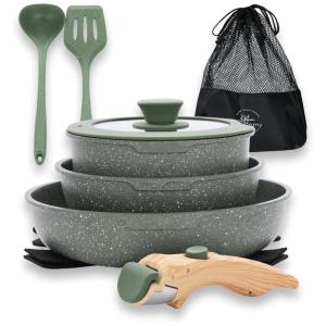 Jogo de Panelas e Frigideiras Antiaderentes, Material em Granito com 10 Peças, Cabo Removível e Utensílios de Cozinha, DishDelight, Verde