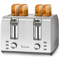 Torradeira em Aço Inoxidável 4 Fatias com 7 Níveis de Tostagem e Fácil de Limpar, 1600W, Runnatal, Prata