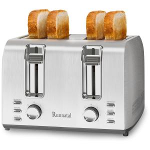 Torradeira em Aço Inoxidável 4 Fatias com 7 Níveis de Tostagem e Fácil de Limpar, 1600W, Runnatal, Prata