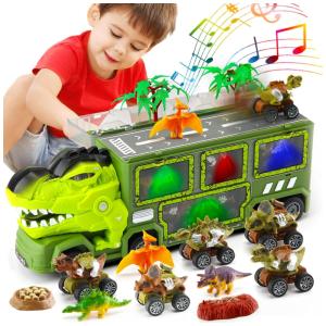 Caminhão Transportador de Dinossauros 15 Peças com Luz e Som para Crianças Acima de 3 Anos, Peacurh