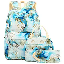 Mochila escolar Bluboon juvenil feminina azul e branco marmorizado, conjunto 3 peças com bolsa lateral e estojo, para notebook 35,5 cm