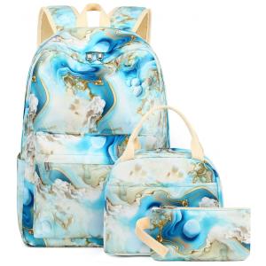 Mochila escolar Bluboon juvenil feminina azul e branco marmorizado, conjunto 3 peças com bolsa lateral e estojo, para notebook 35,5 cm