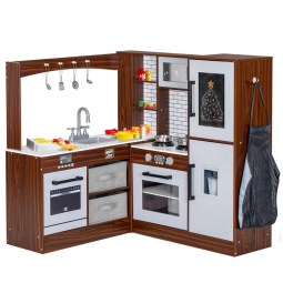 Cozinha Infantil Modular em Madeira com Luz, Som, Pia, Micro-Ondas, Forno, Avental e Quadro Negro, BRINJOY, Marrom