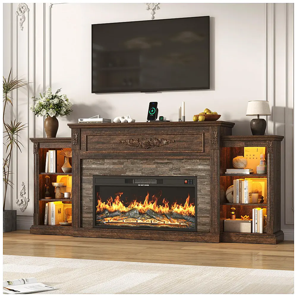 Lareira Elétrica St.Mandyu 216x95cm 1500W Rack TV 95pol LED Marrom Rústico 110V