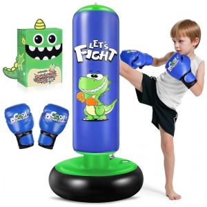 Esnowlee Saco de Pancadas Inflável 122 cm com Luvas de Boxe para Crianças - Dinossauro Azul, Brinquedo Estável para Karate e Taekwondo