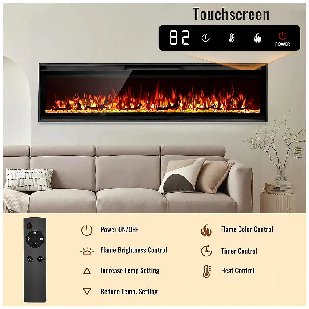 Lareira Elétrica TUAN 152x34cm 1500W Chamas Multicoloridas Touchscreen Embutir 110V — foto 3