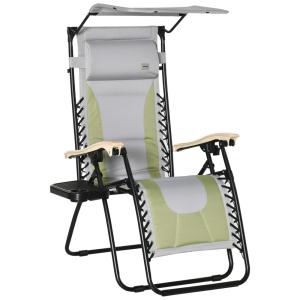 Cadeira Reclinável Ajustável Gravidade Zero com Apoio de Cabeça e Porta Copos e Cobertura de Sombra, OUTSUNNY, Verde