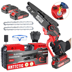Mini Motosserra Elétrica Portátil para Poda de Galhos com 2 Baterias de 21V e 2 Correntes, Anttctig, Vermelha