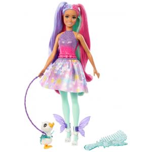 Boneca Barbie com Roupa de Conto de Fadas e Animal de Estimação inspirado No Glifo, Rosa