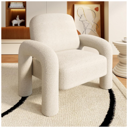 Poltrona Dewhut em tecido sherpa creme, cadeira decorativa estofada com braços curvos tipo tromba de elefante