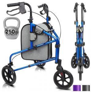 Andador Adulto Idoso 3 Rodas Vive Mobility com Bolsa, Suporta até 113 Quilos, Azul