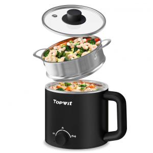 Panela Elétrica Topwit Preta 1,6L Inox Dual Power 200W/600W Com Cesto Vapor Vidro Temperado Proteção Superaquecimento Portátil 110V