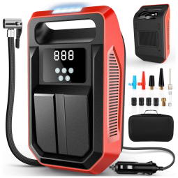 Compressor de Ar com Fio Portátil 150 PSI com Display Digital, Luz LED e Acessórios, 12V, FBK, Vermelho