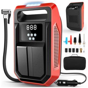 Compressor de Ar com Fio Portátil 150 PSI com Display Digital, Luz LED e Acessórios, 12V, FBK, Vermelho