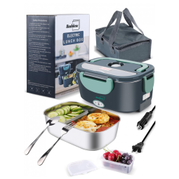 Marmita Elétrica Portátil 3 em 1 com Garfo, Colher e Bolsa para Transporte, 12V bivolt 80W, Buddew, Verde e Azul