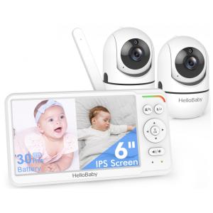 Babá Eletrônica HelloBaby 2 Câmeras Tela IPS 6" Dividida Bateria 30h Pan Tilt Zoom HB6560-2 Branco