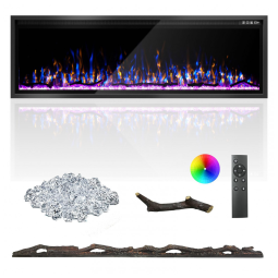 Lareira Elétrica de 152 cm, Ultrafina, Embutida ou de Parede, Troncos, Madeira Flutuante ou Cristais, Controle Remoto, Termostato
