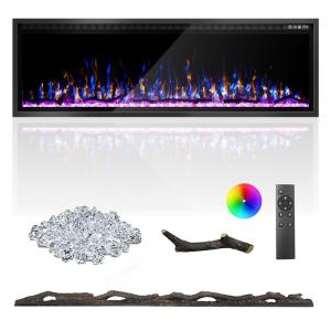 Lareira Elétrica de 152 cm, Ultrafina, Embutida ou de Parede, Troncos, Madeira Flutuante ou Cristais, Controle Remoto, Termostato