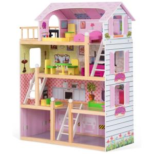 Casa de Bonecas em Madeira com 4 Andares, 7 Salas e 13 Peças de Móveis para Crianças Acima de 3 Anos, Costzon, Rosa