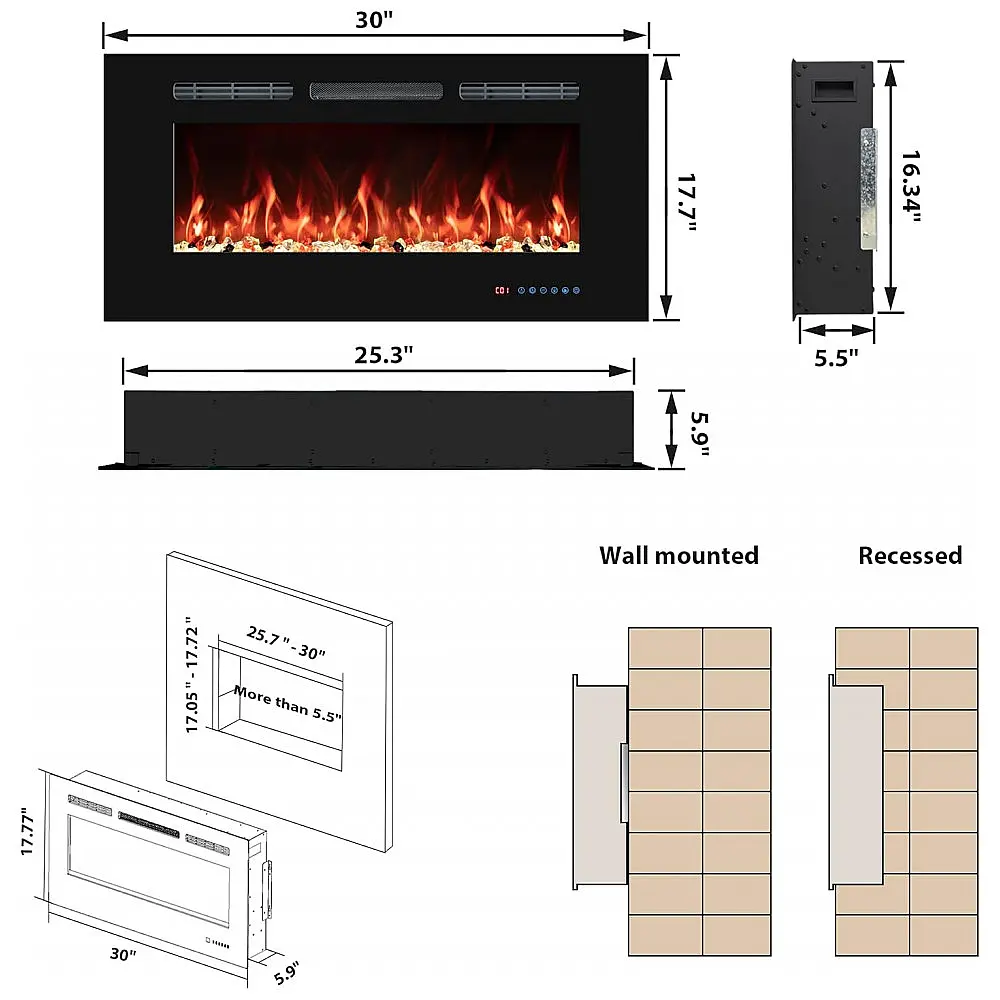 Lareira Elétrica VINEMOUNT 76x45cm 1500W 13 Cores LED Quartzo Embutir 110V — foto 2
