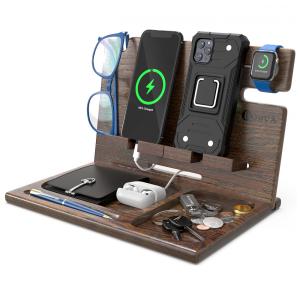 Barva Porta Chaves e Organizador Tudo em Um de Madeira com Suporte para Celular, Marrom