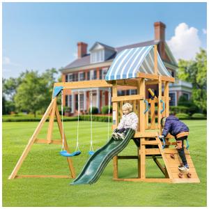 Playground Infantil de Madeira com Escorregador, 2 Balanços, Quadro-Negro, Telescópio e Deck, ROBUD, Marrom