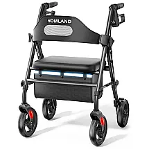 Andador Dobrável para Idoso com Assento, Rodas 20 cm para Todos os Terrenos, Altura Ajustável, Suporta 158 kg - HOMLAND Preto
