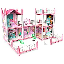 Casa de Bonecas com 6 Quartos e 3 Terraços para Crianças de 3 Anos ou Mais, FLFUATT, Rosa