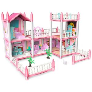 Casa de Bonecas com 6 Quartos e 3 Terraços para Crianças de 3 Anos ou Mais, FLFUATT, Rosa