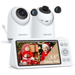 Babá Eletrônica com 2 Câmeras, Alcance de 547M, Tela Dividida e Sem WiFi, bonoch BBM06, Branca
