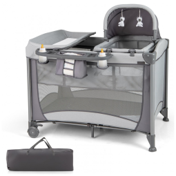 Berço Cercado Portátil 4 em 1 com Trocador Removível, Cesta de Fraldas e Bolsa de Transporte, HONEY JOY, Cinza Escuro