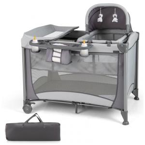 Berço Cercado Portátil 4 em 1 com Trocador Removível, Cesta de Fraldas e Bolsa de Transporte, HONEY JOY, Cinza Escuro