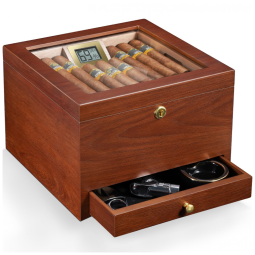 Umidor Flauno com fechamento seguro, ventilação eficiente, capacidade para 70 charutos, cedro espanhol, higrômetro digital e gaveta.