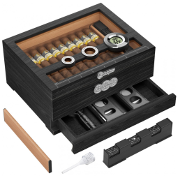 Umidor para Charutos LIHTUN Tampa de Vidro Madeira de Cedro com Higrômetro Digital e Balança – Modelo HJXMH-1