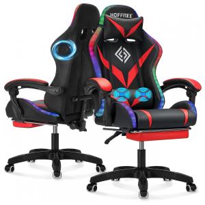 Cadeira Gamer Reclinável e Giratória com Alto Falantes, Bluetooth e Luzes LED RGB, VANSPACE, Vermelha e Preta