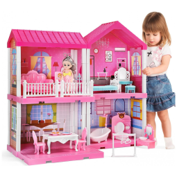 Casa de Bonecas com 4 Quartos e Cômodos Customizáveis para Crianças de 6 Anos ou Mais, TEMI, Rosa