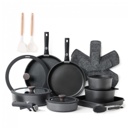 Jogo de Panelas e Frigideiras Antiaderentes, Material em Aço Inoxidável com 24 Peças, Cabo Removível e Utensílios de Cozinha, SENSARTE