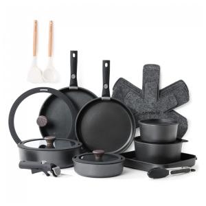 Jogo de Panelas e Frigideiras Antiaderentes, Material em Aço Inoxidável com 24 Peças, Cabo Removível e Utensílios de Cozinha, SENSARTE