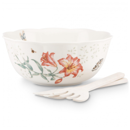 Tigela com Capacidade de 2.3L, Material de Porcelana e Formato Redonda, Inclui 2 Utensílios de Madeira, LENOX 820581, Branca Colorida